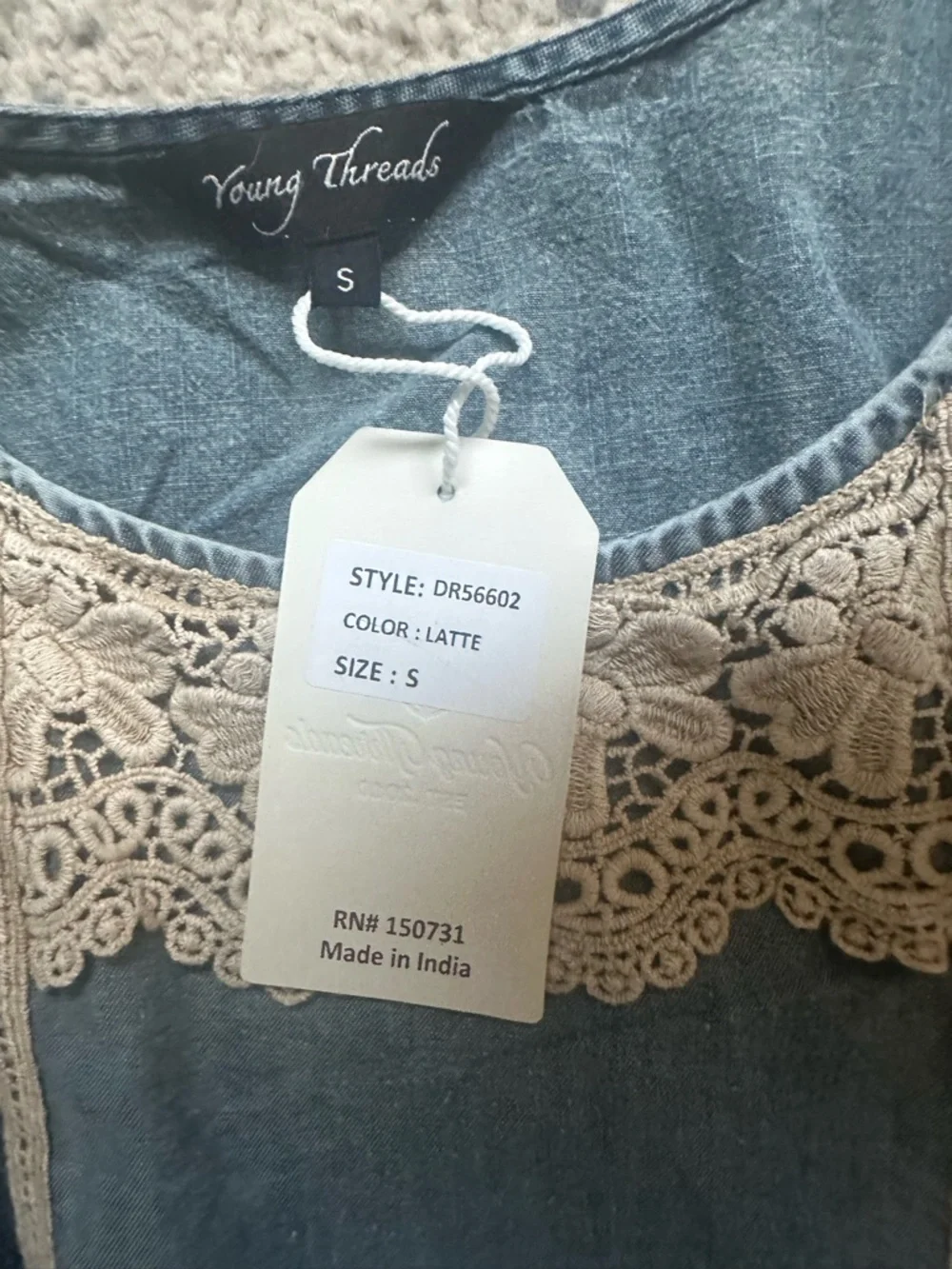 NWT YOUNG THREDS Blue and Cream Lace Panel Midi Dress - Picture 3 of 5
